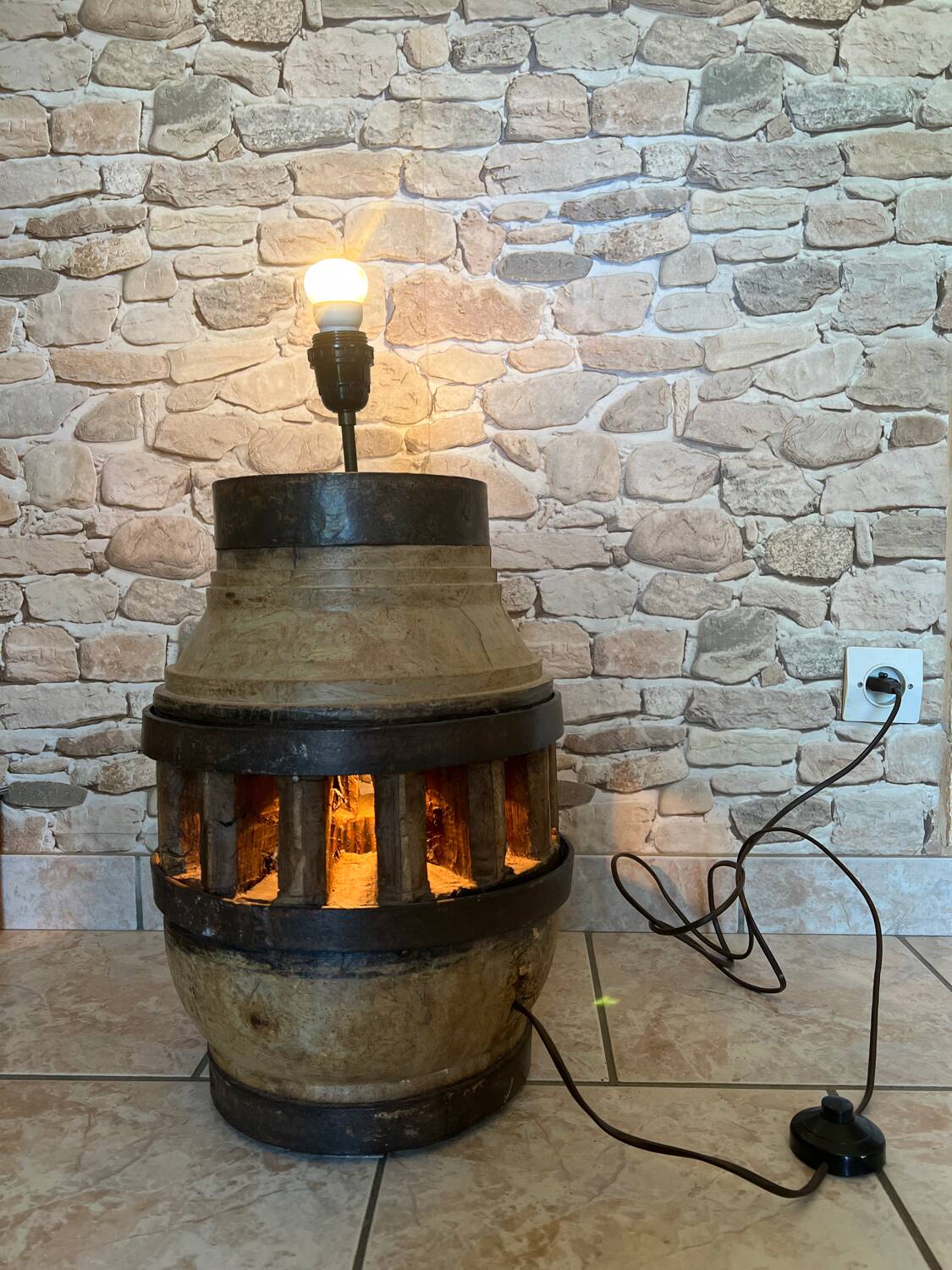 Vintage wooden lamp – base made from a plough wheel hub