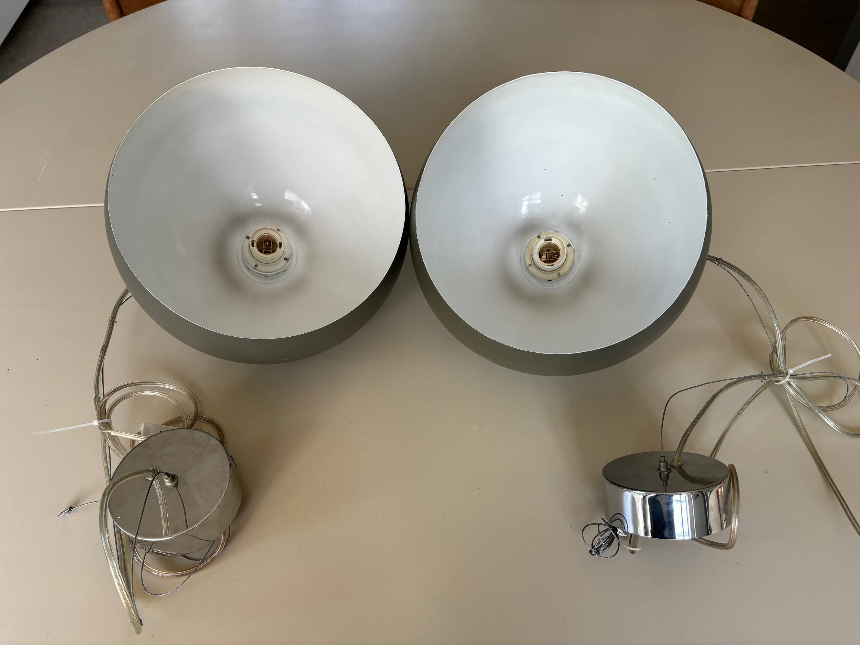 2 round metal pendant lights, Sweden 1980s
