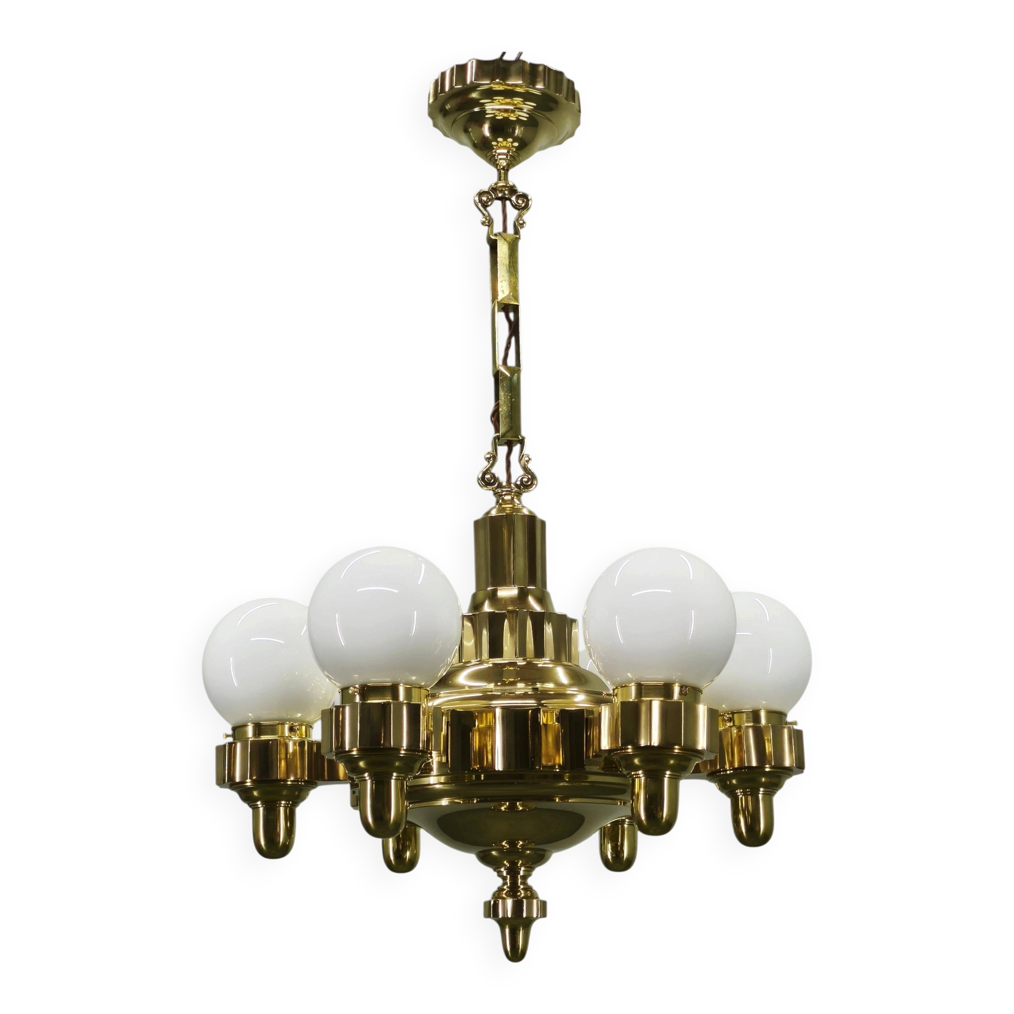 Lustre en laiton Art Déco tchèque avec positions de bras doubles, années 1930