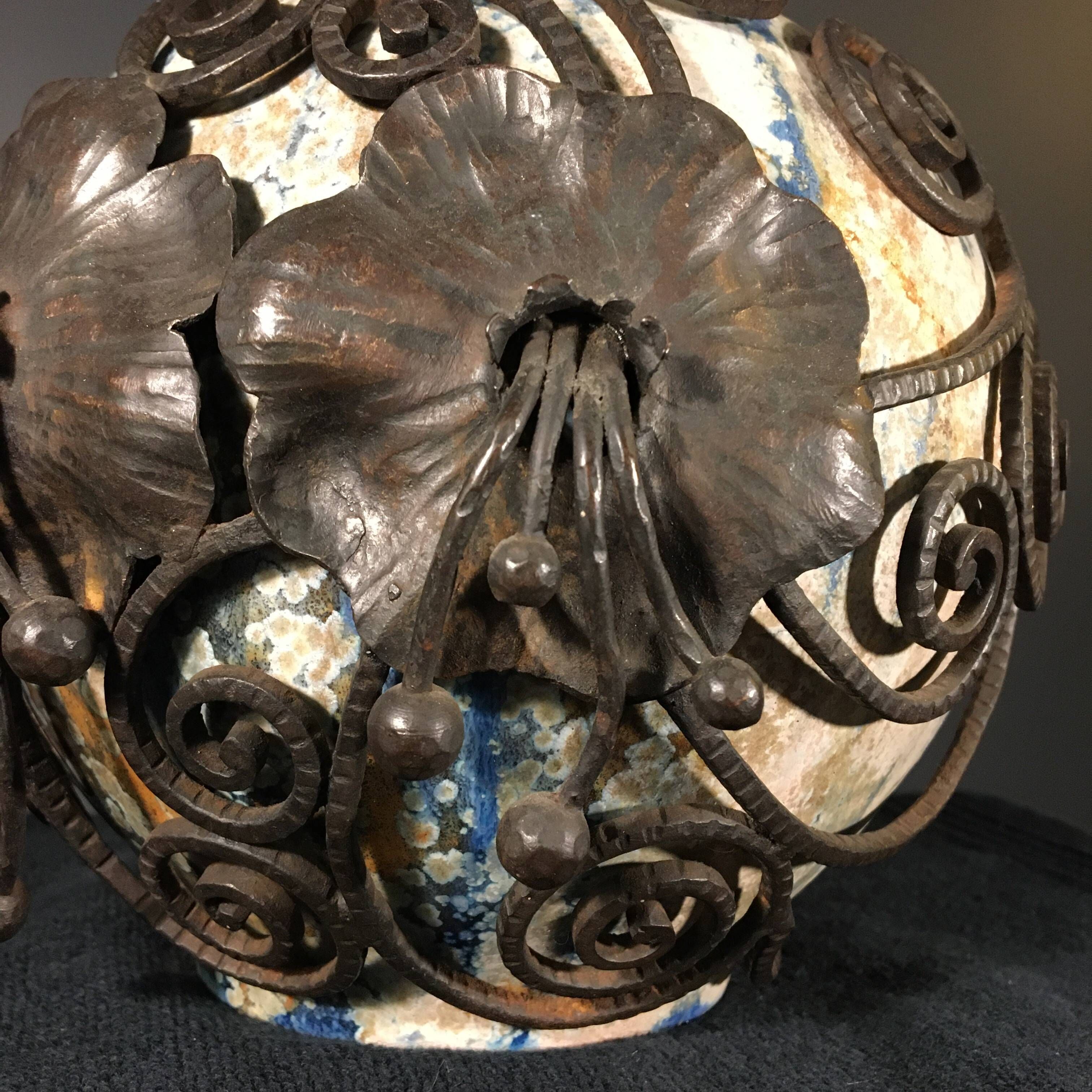 Roger Guérin & François Carion, Art Deco Ball Vase, Bouffioulx Stoneware and Wrought Iron, Ca 1925
