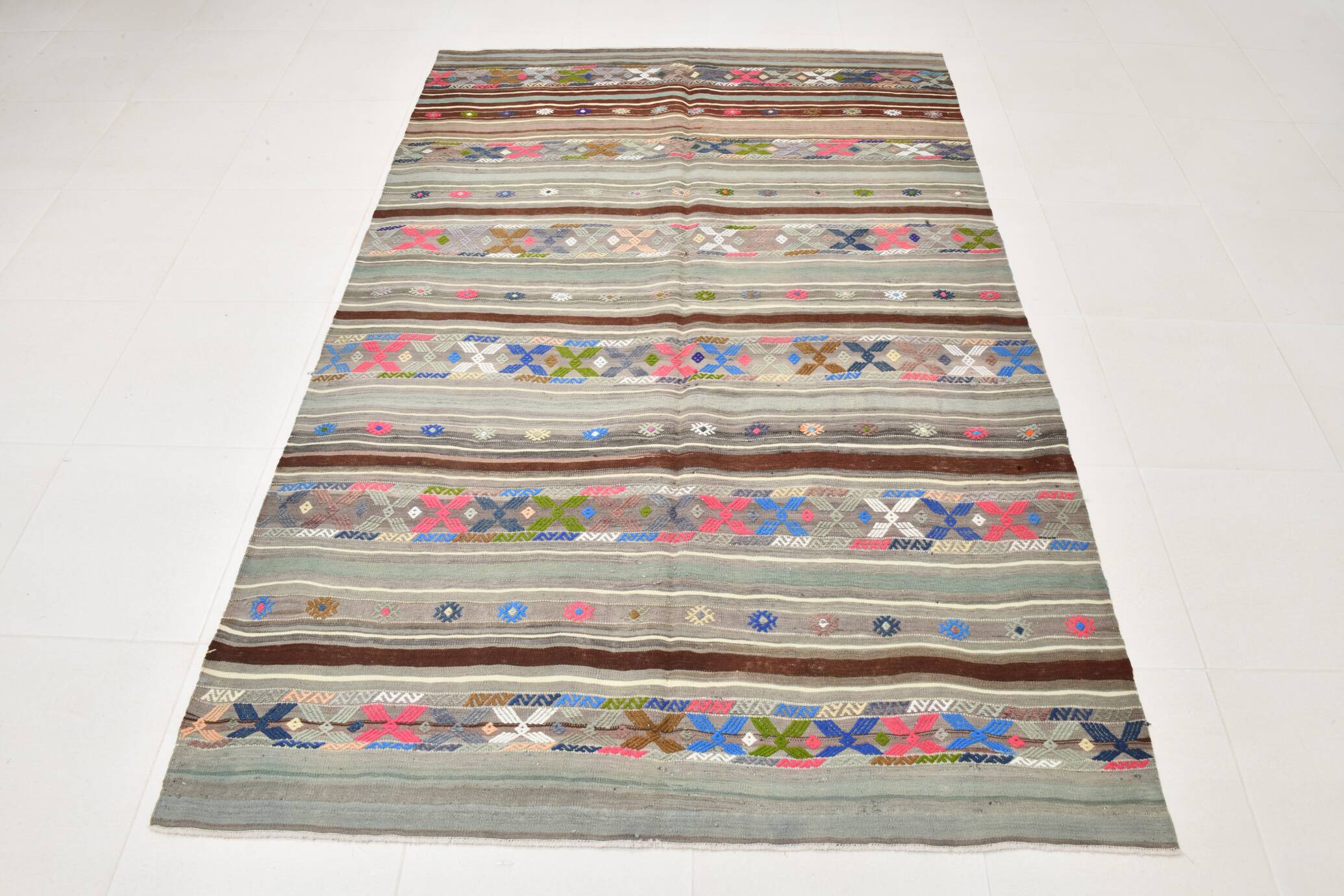 Grey & Brown Modern Mid Century Vintage Kilim Rug, 147x218 Cm