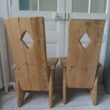 2 vintage chairs in brutalist style made of pitch pine with a waxed finish.