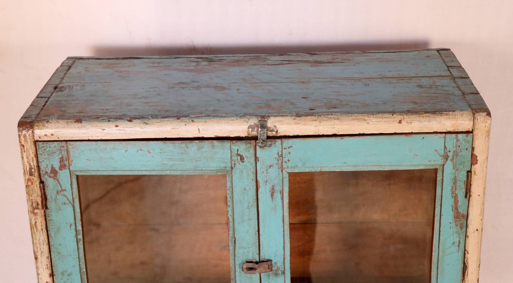Old art deco showcase in original turquoise-white patina burmese teak