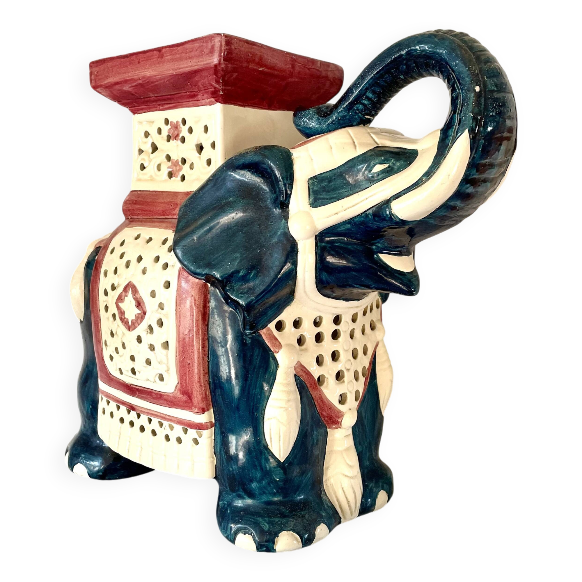 Blue and red ceramic elephant plant stand