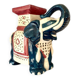 Support pour plante en céramique bleu et rouge en forme d'éléphant