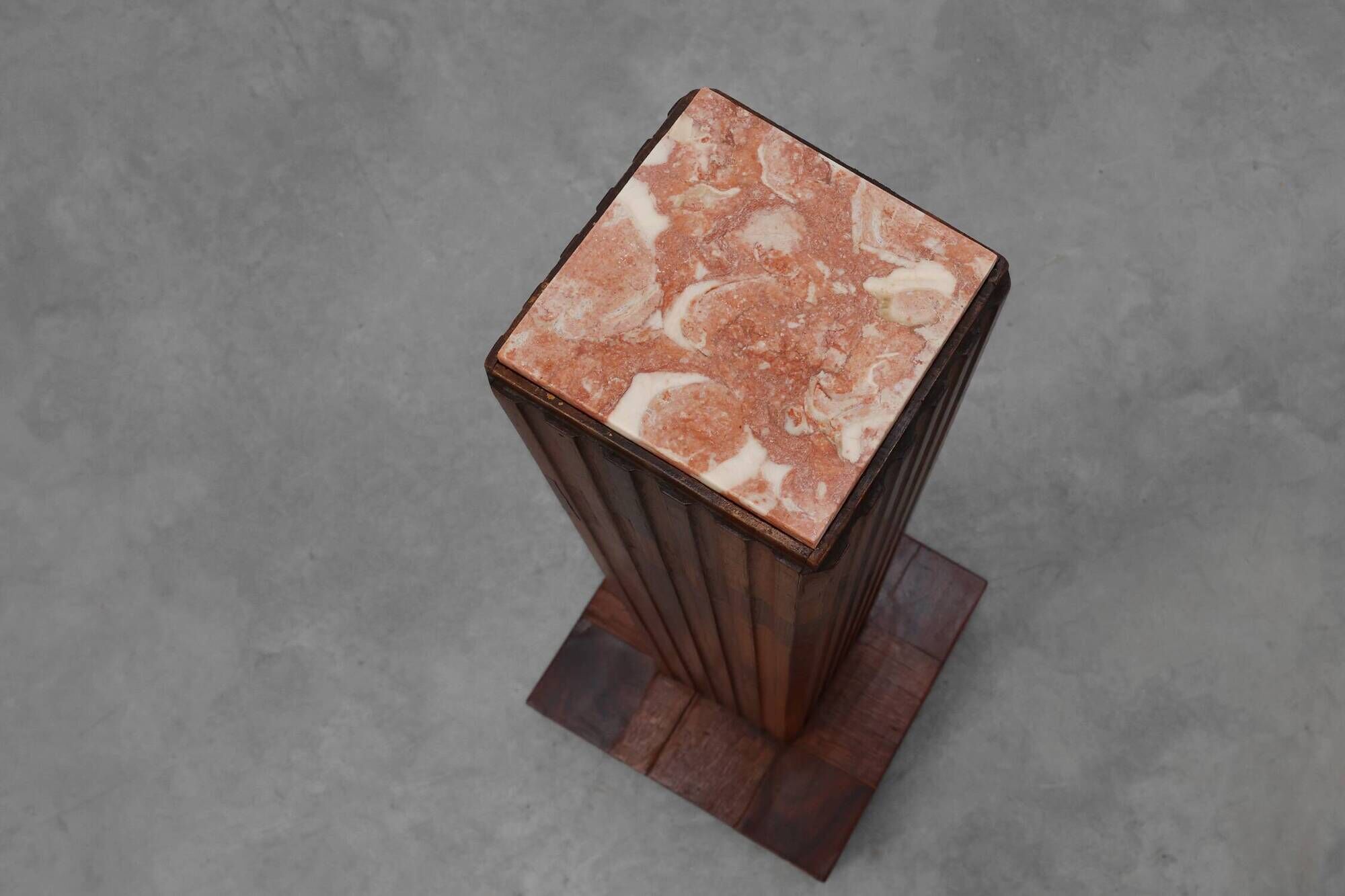 Art Deco oak and red marble pedestal or side table, France 1920s