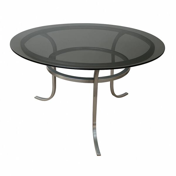 Table Vintage Ronde Pied Chromé Plateau Verre Fumé