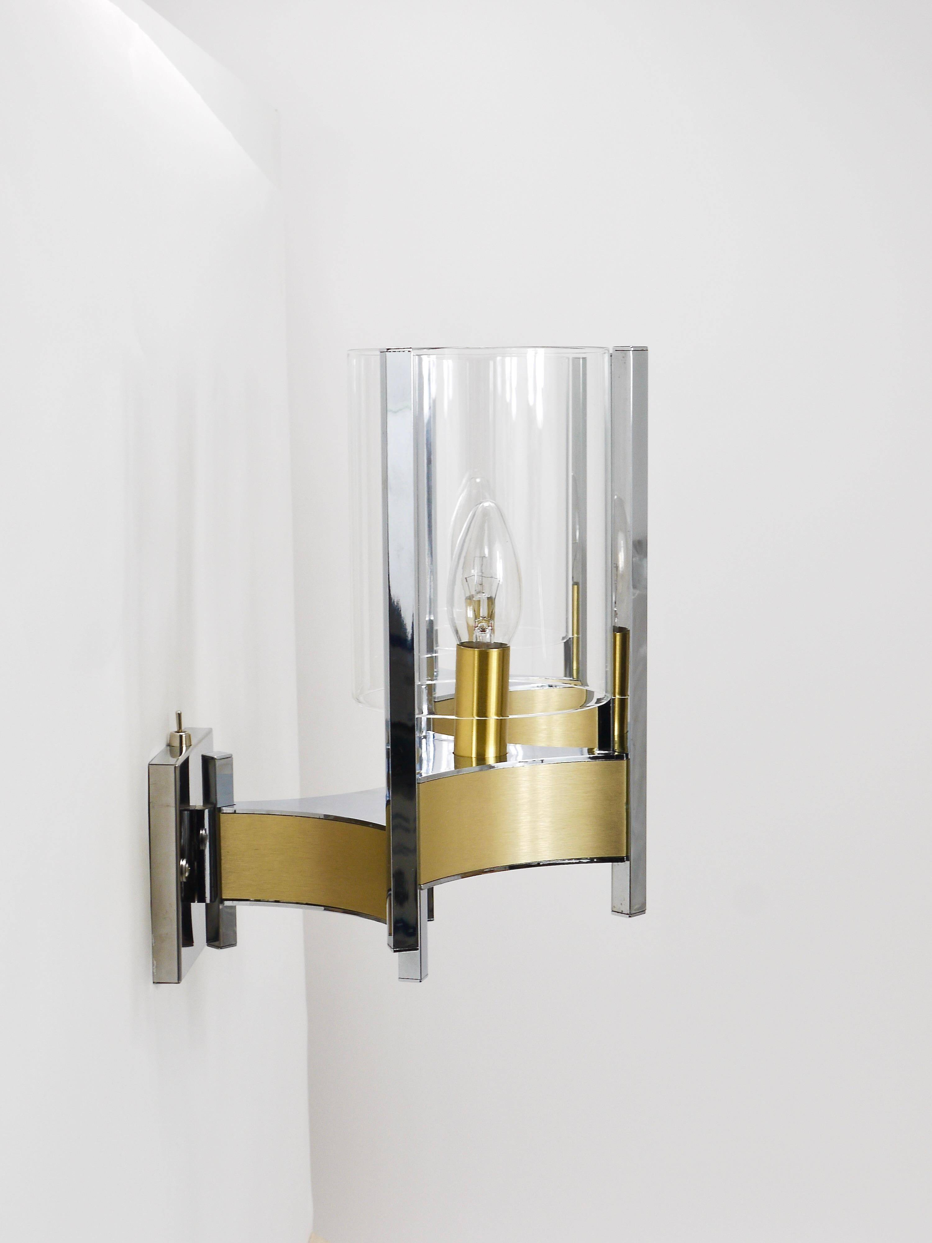 Gaetano Sciolari Large Wall Sconces / Sconces, Chrome, Brass, Glass, 1970s