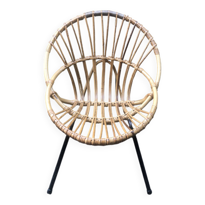 Fauteuil coquille bambou rotin vintage années 60