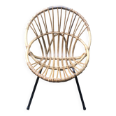 Fauteuil coquille bambou rotin vintage années 60