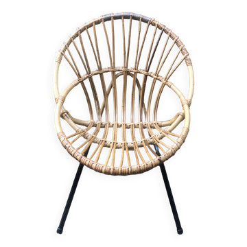 Fauteuil coquille bambou rotin vintage années 60