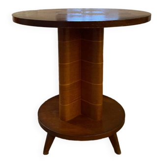 Vintage Art Deco round side table in oak and walnut, 1930s