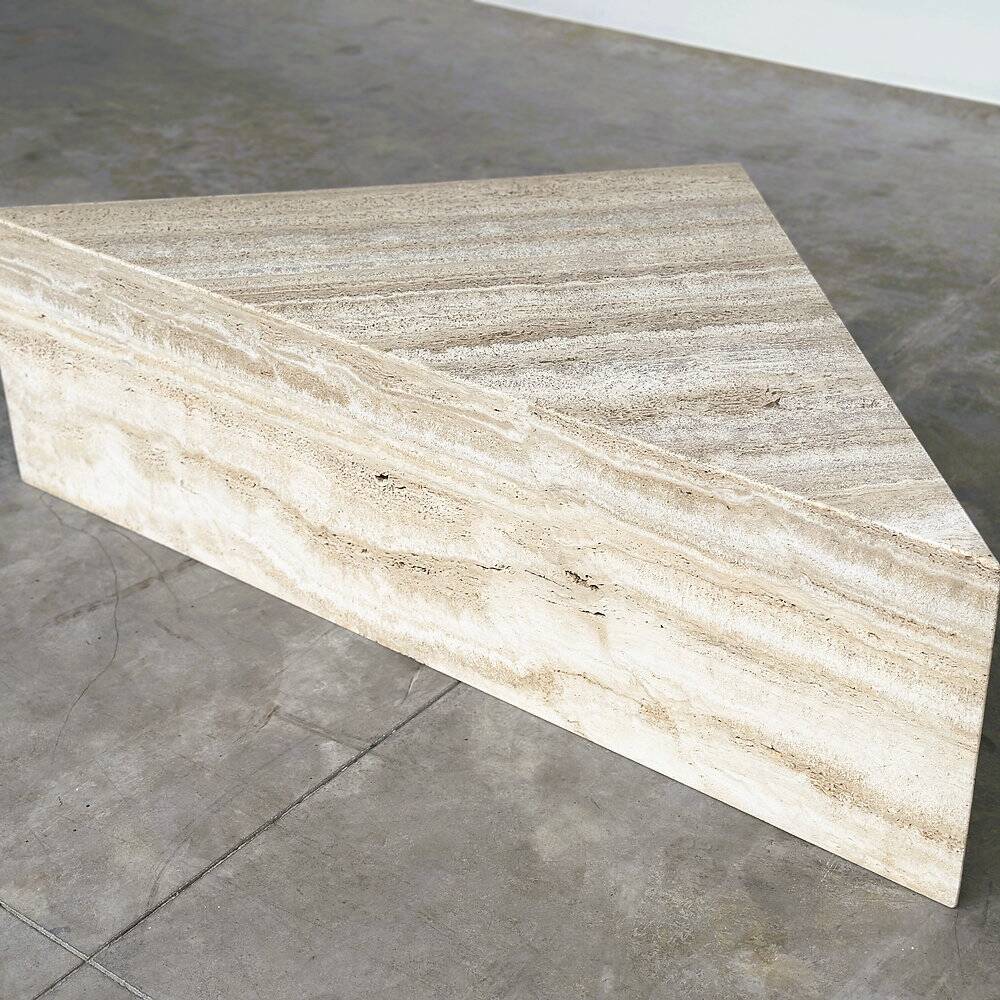 Up & Up large Italian Brutalist travertine coffee table, two-piece geometric mod