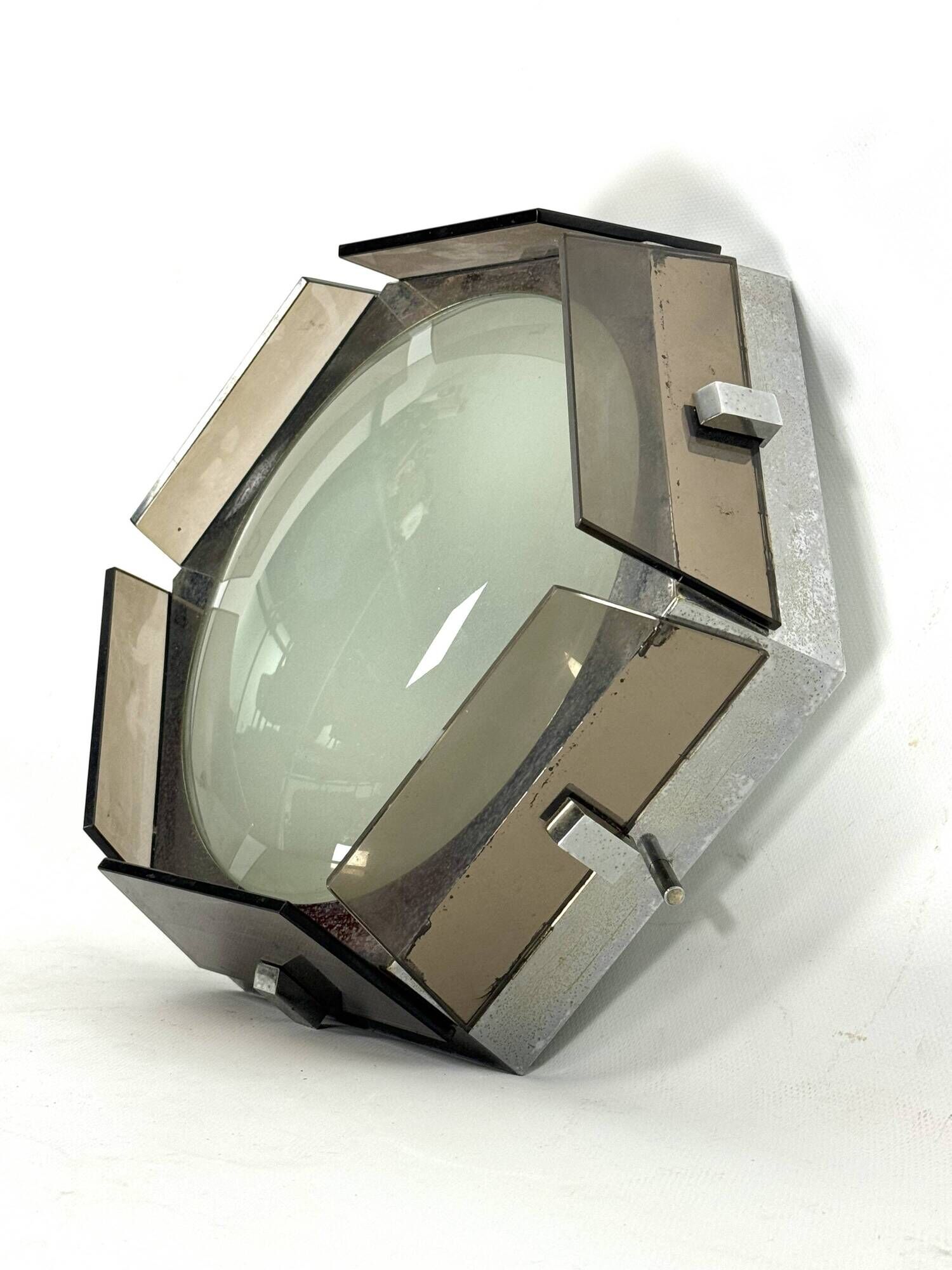 Veca, large exagonal ceiling lamp in glass and chrome. Italy 1970s