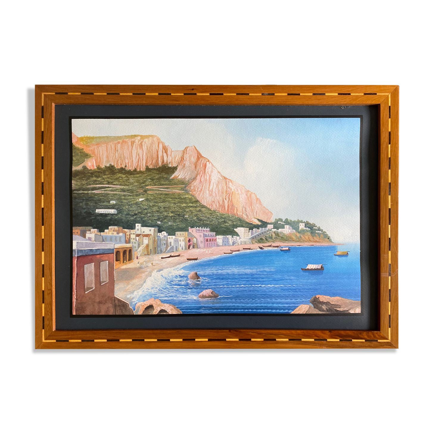 Painting Beautiful Neapolitan Gouache animated Boats (XX°) with inlaid frame