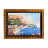 Painting Beautiful Neapolitan Gouache animated Boats (XX°) with inlaid frame