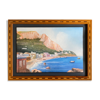 Painting Beautiful Neapolitan Gouache animated Boats (XX°) with inlaid frame