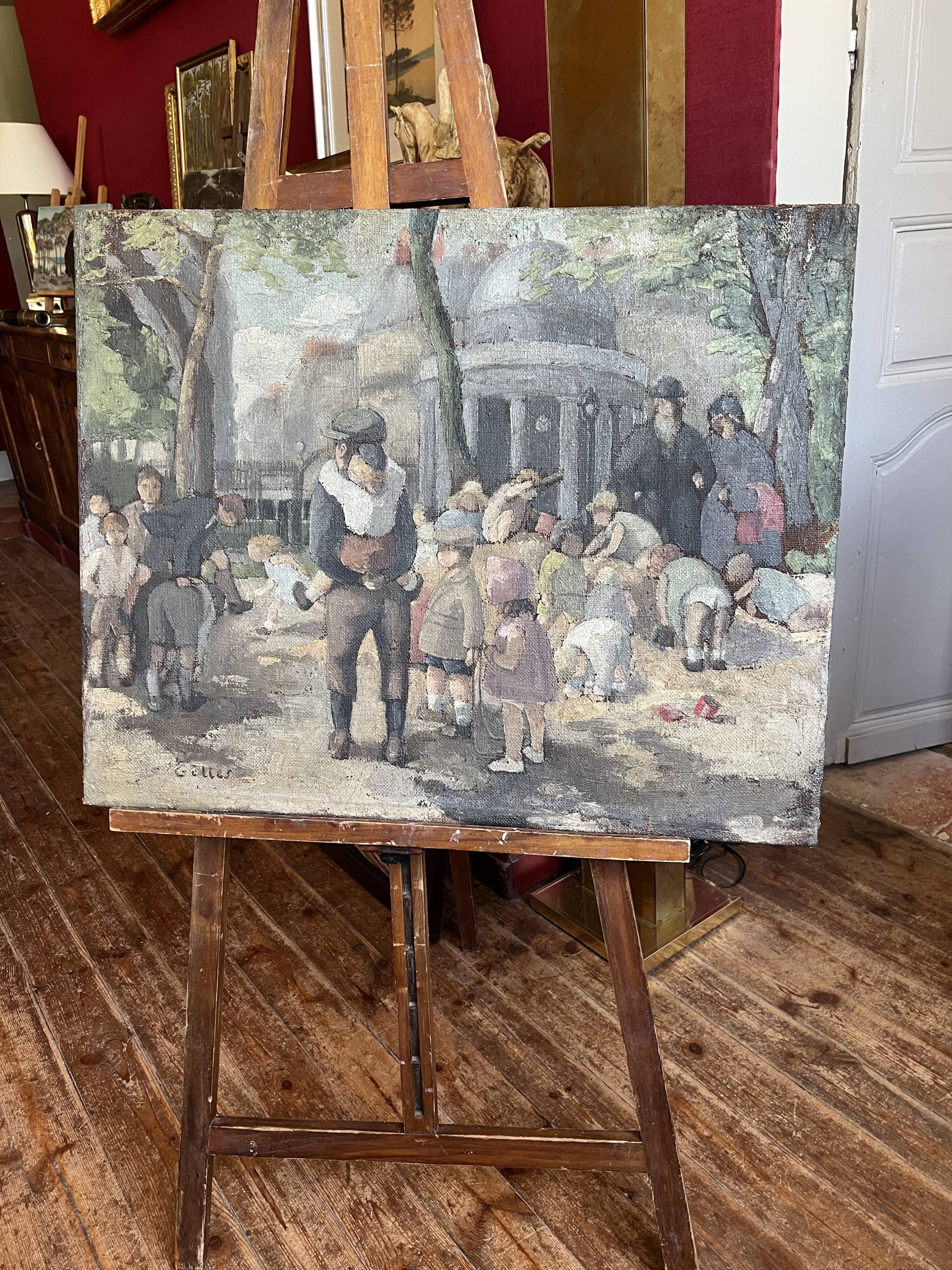 Children in the Monceau Garden. HST circa 1940. Signed Gilles. 81.5 x 65cm