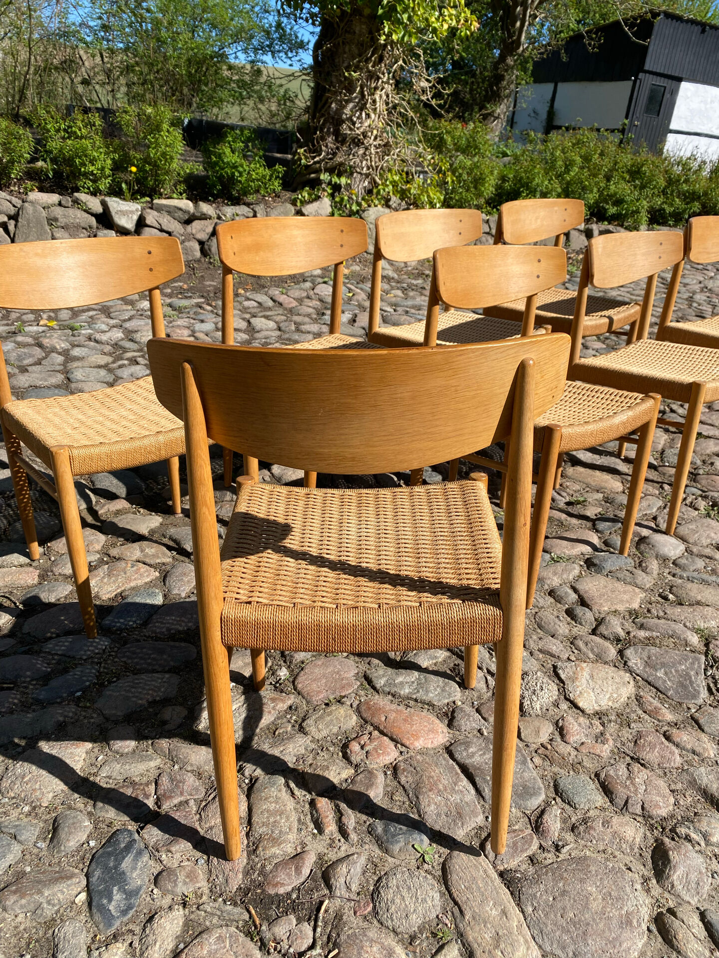 8 dining chairs in oak  w/ paper cord