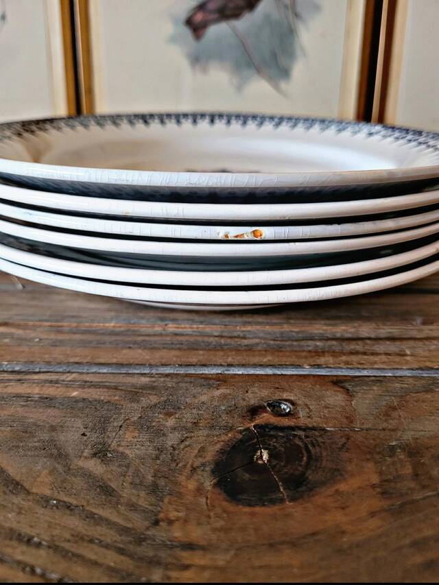 Saint Amand Primax flat plates, blue ironstone with Arabesque decoration.