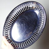 Oval openwork bread basket in silver-plated metal, vintage 1950s-70s.