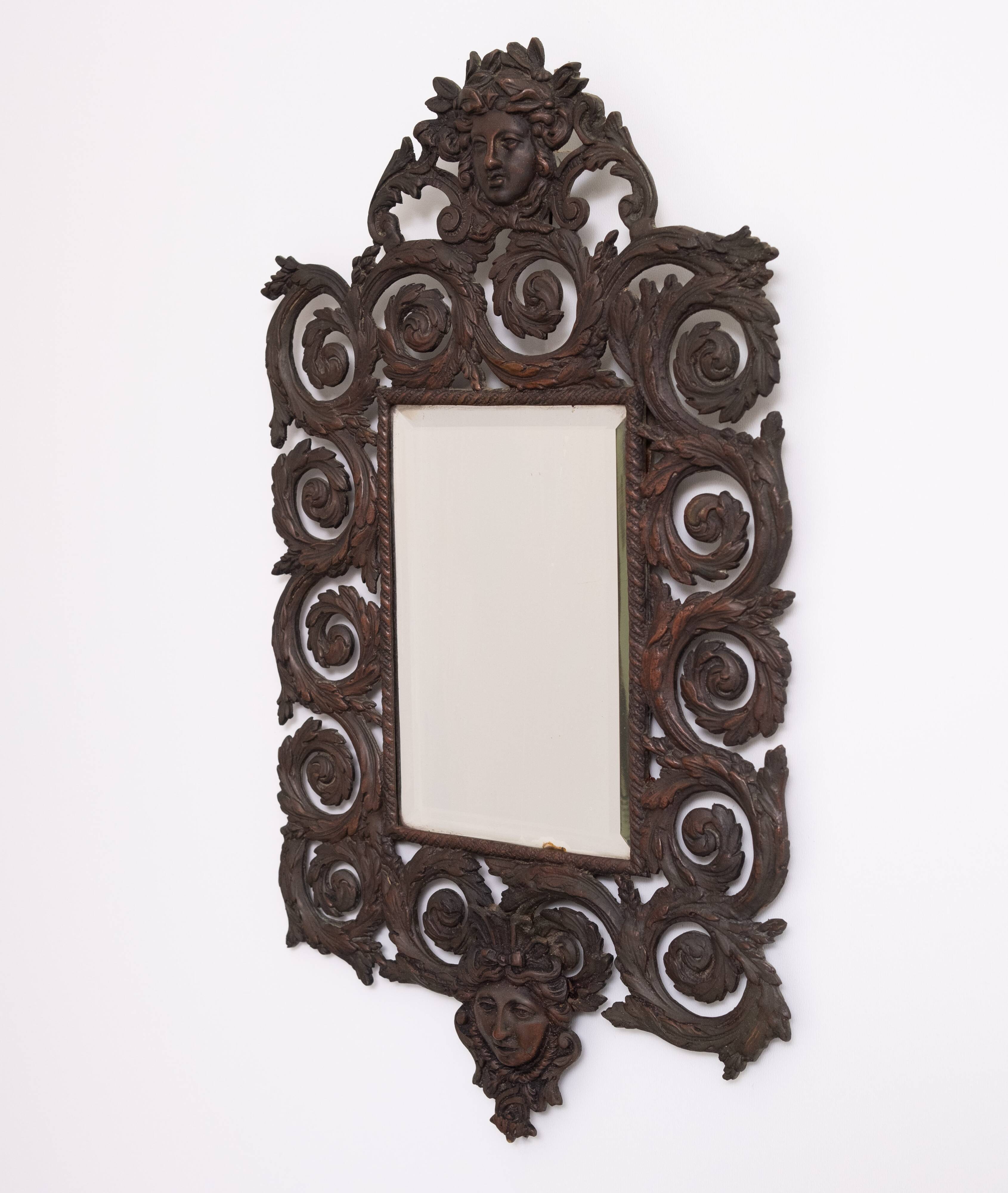 France Antique Cast Bronze women's Head wall Mirror