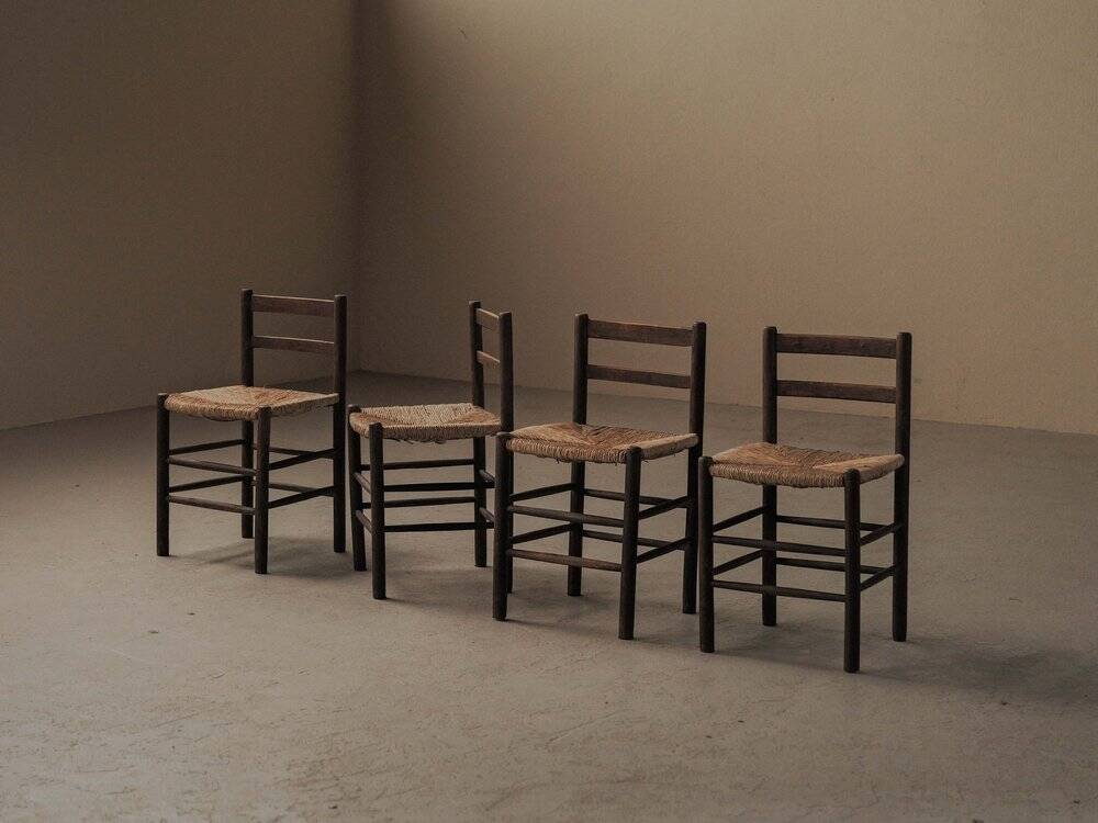 Set of four wooden and straw chairs, around 1960.