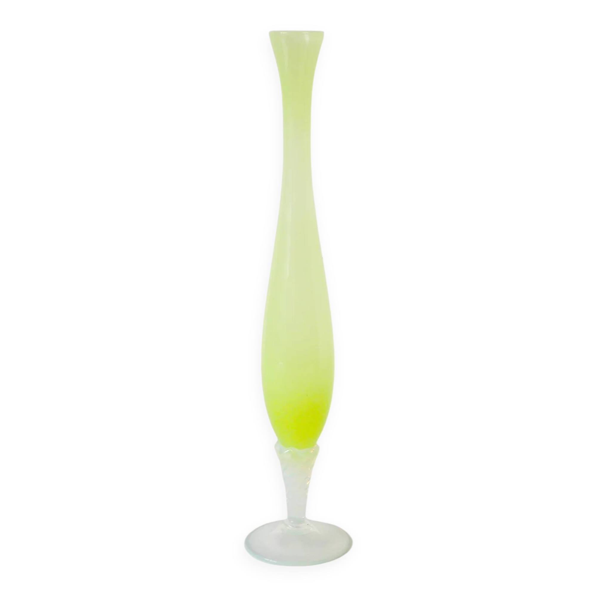 elongated opaline vase, yellow with white feet, 1960