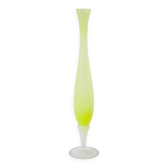 elongated opaline vase, yellow with white feet, 1960