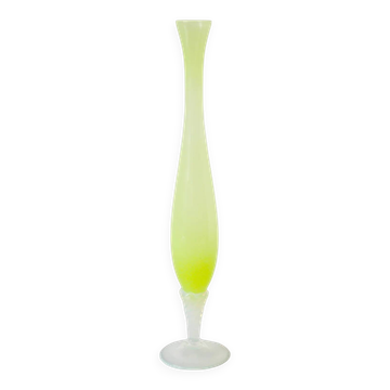 elongated opaline vase, yellow with white feet, 1960