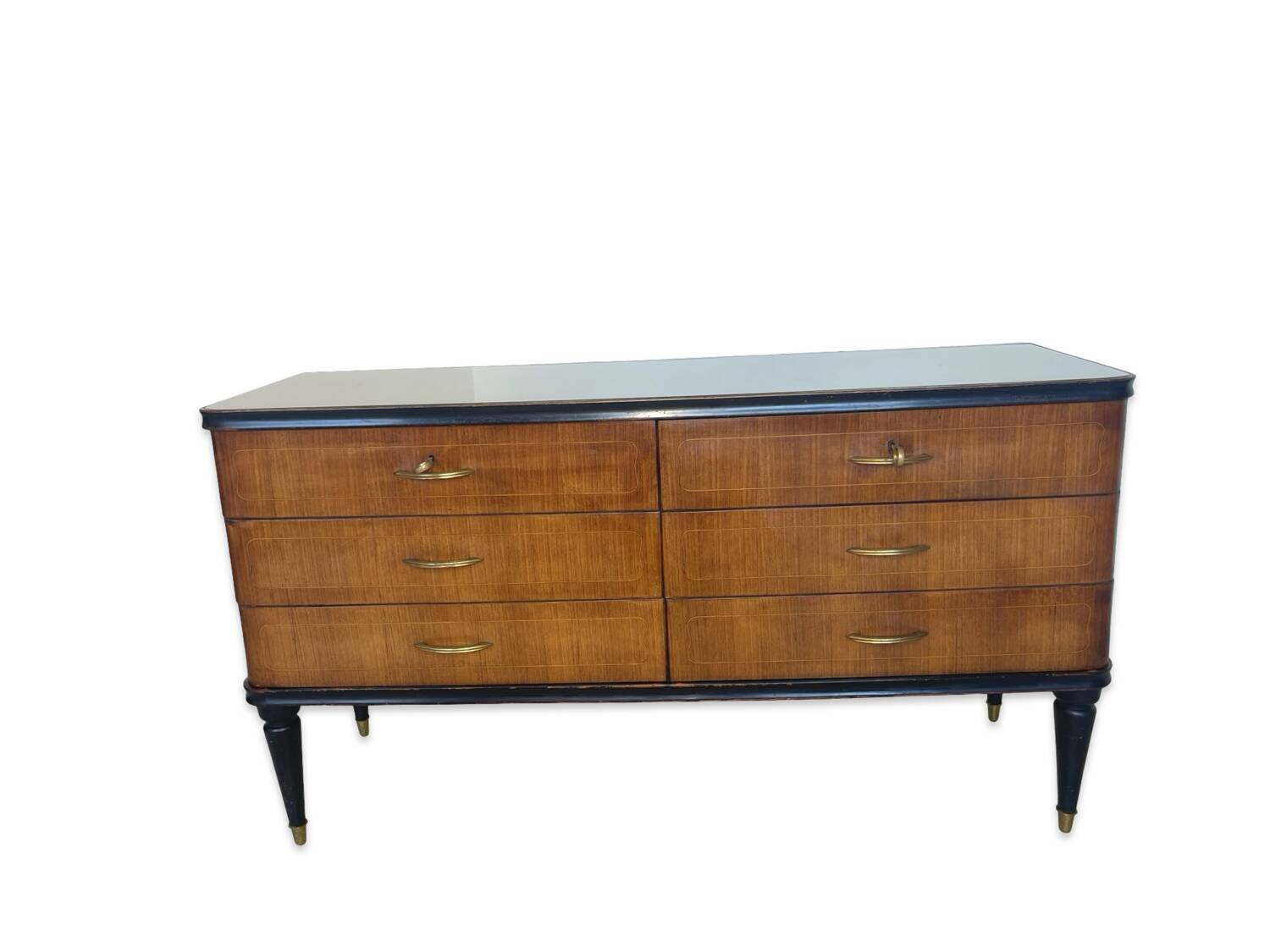 Commode en acajou plaqué avec plateau en verre vert, années 1950