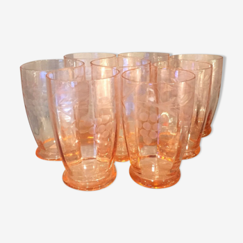 Suite de 8 verres a eau ou a jus de fruits en cristal orange des annees 1930 1940