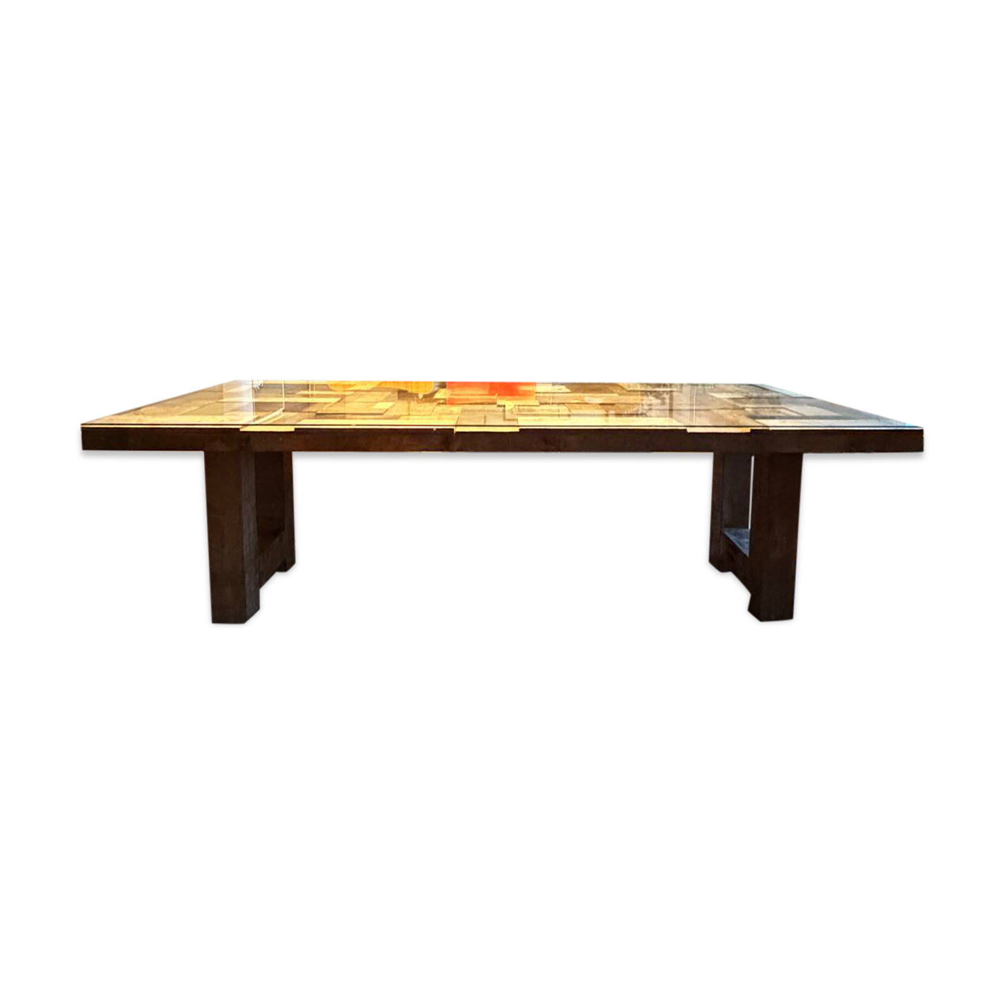 Magnificent wooden table with a glass top.