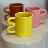Mug cup ceramic handle graphic wave design colorful lemon yellow