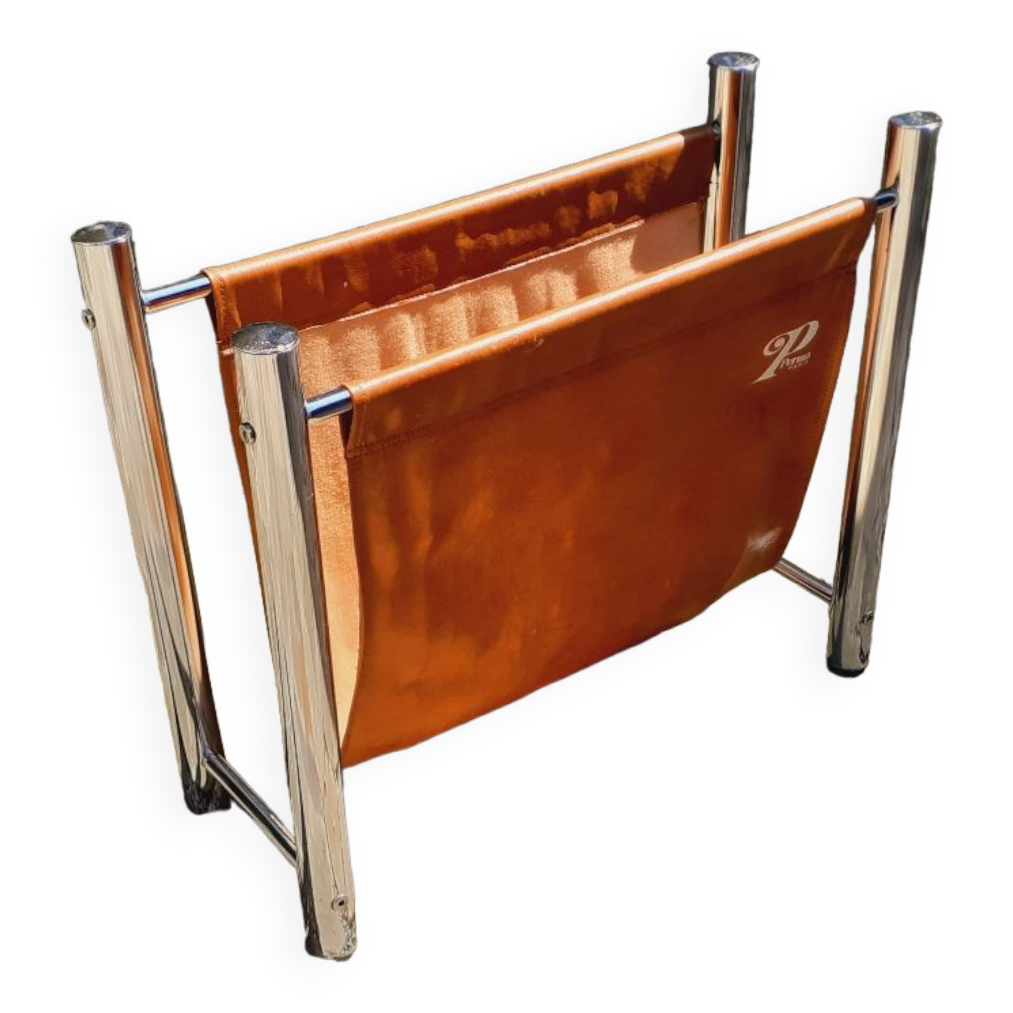 Vintage magazine holder from the 70s chrome metal and tan imitation leather