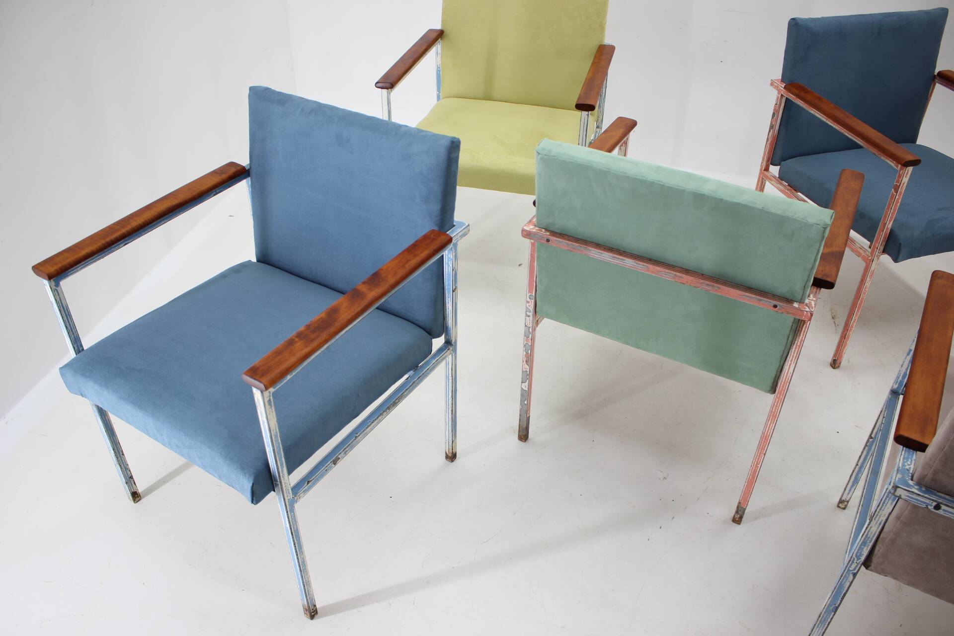 1960s Set of Eight Iron and Wood Armchairs/Dining Chairs,Czechoslovakia