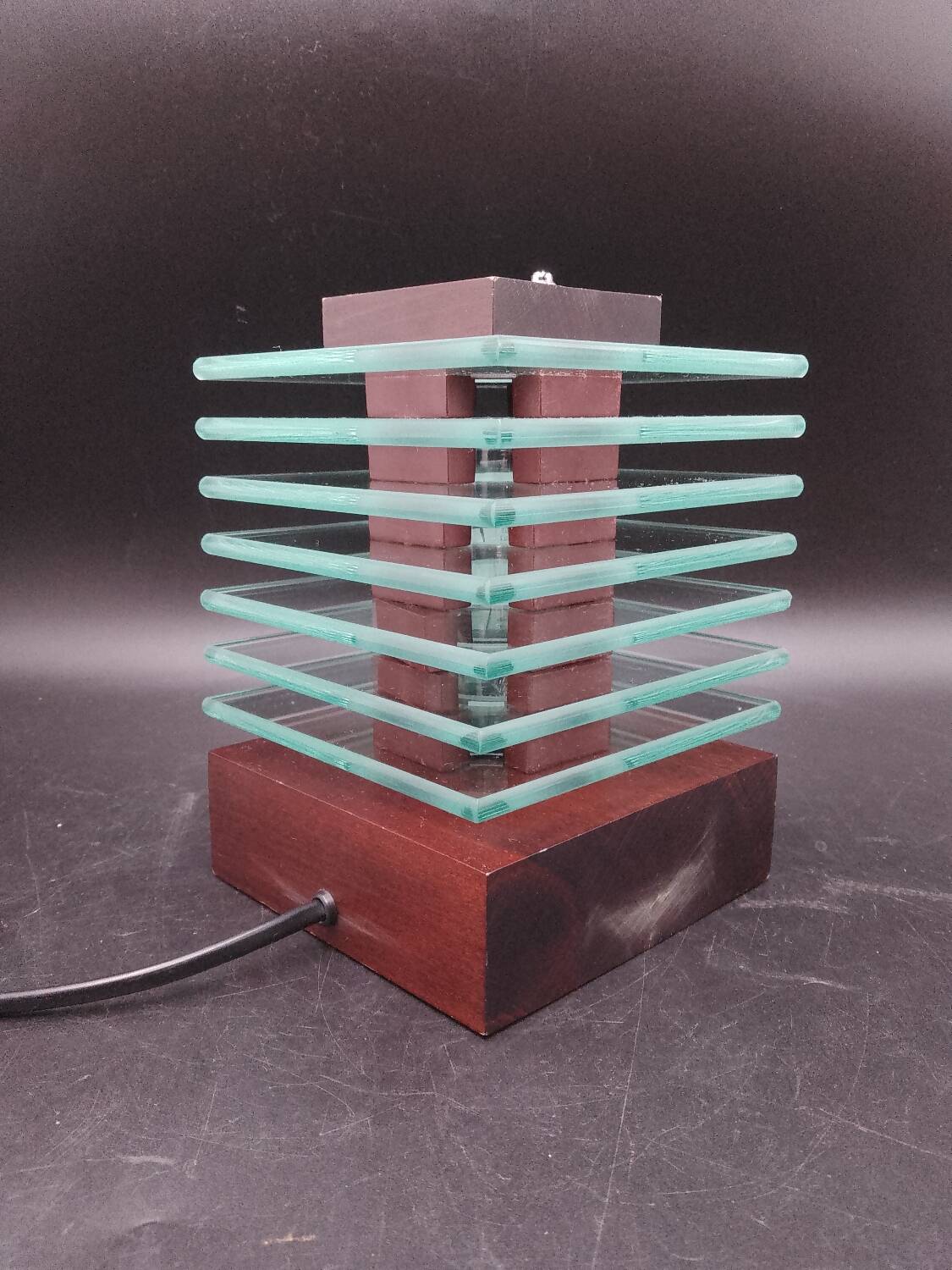 Desny Demeter glass and wood lamp, modernist art deco reissue