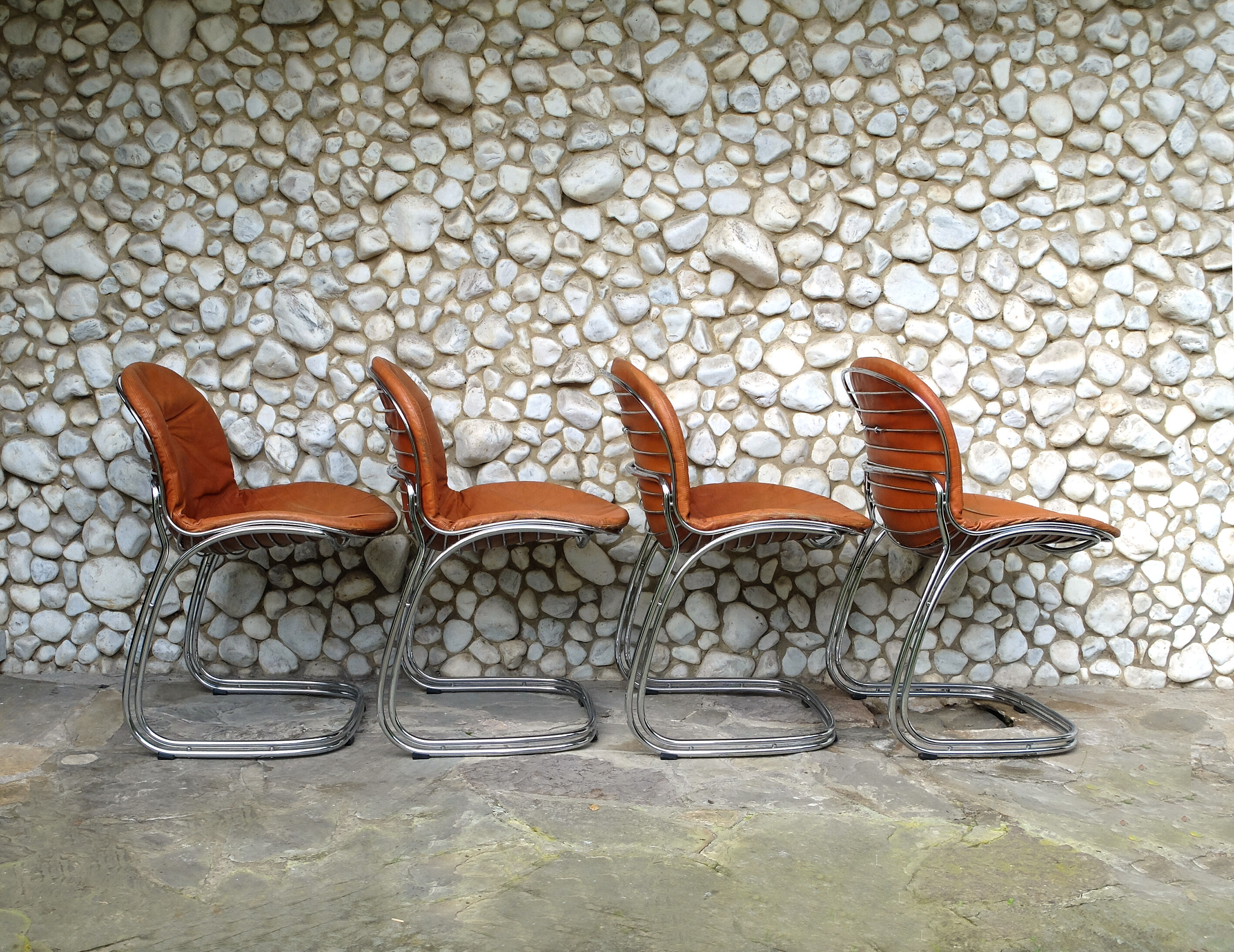 Series of 4 chairs Sabrina design Gastone Rinaldi for Rima, tawny leather, 1970