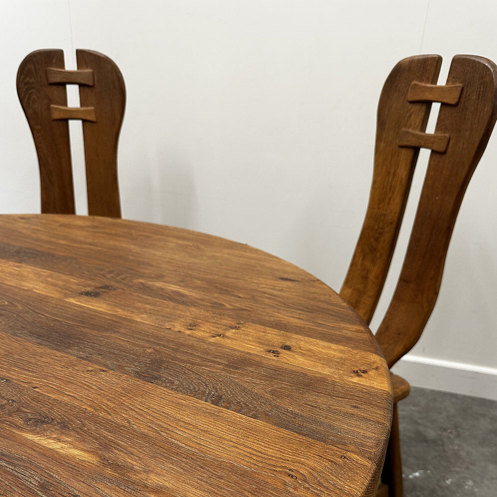 Rare majestic Depuydt brutalist oak dining set/chairs/table– Belgium, 1970s