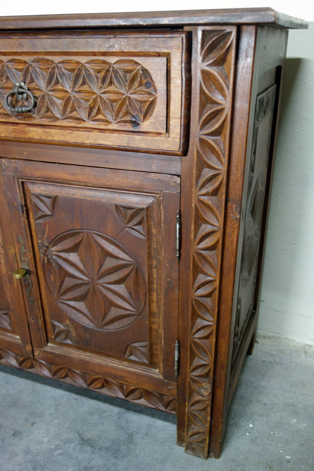 Carved pine sideboard, mountain folk art, 1950s