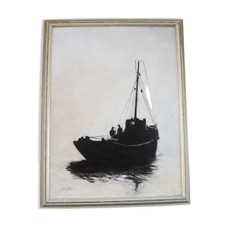 Huile sur bois encadrée et signée Henri Merlet, bateau de pêche entre chien & loup