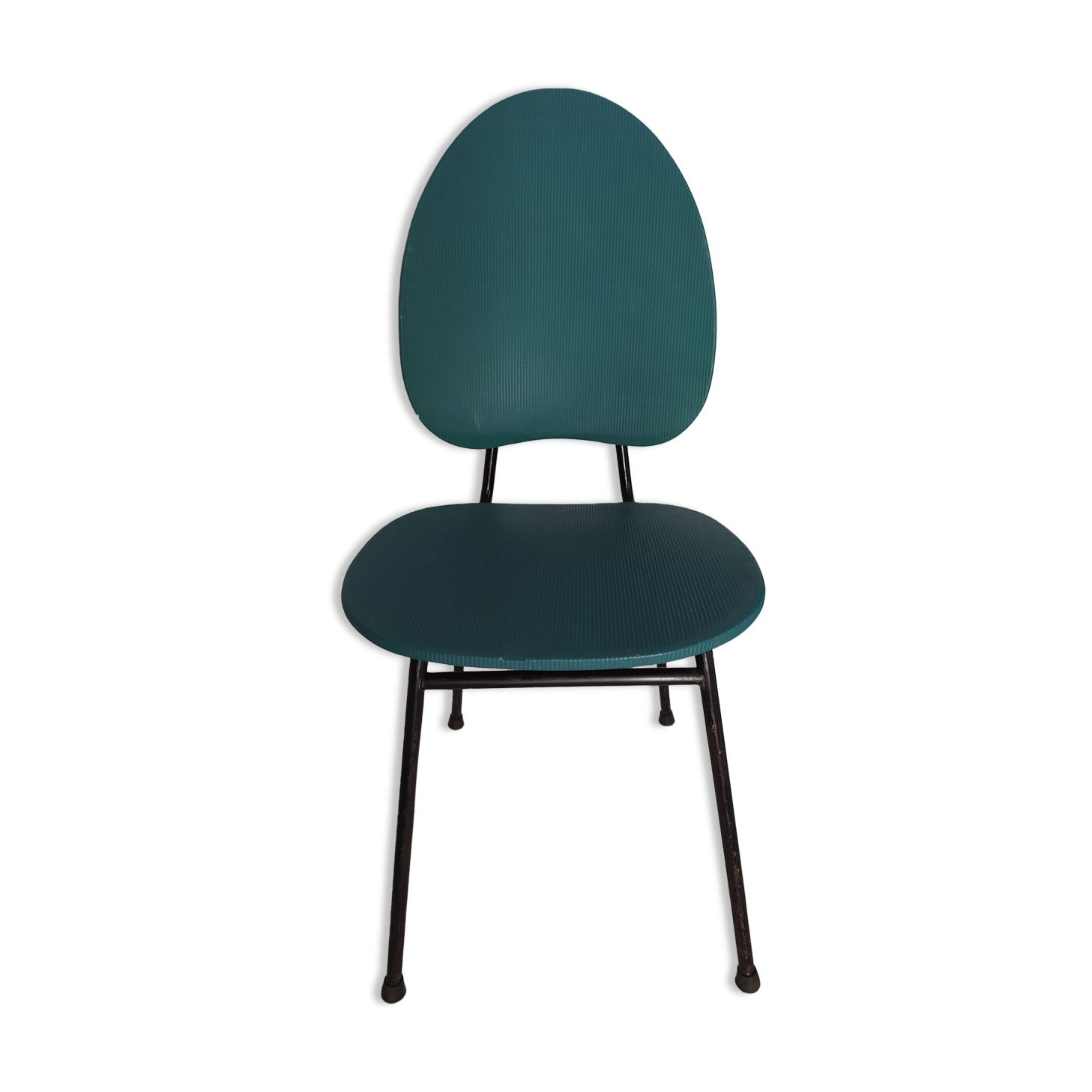 Vintage chair in turquoise green vinyl with black metal legs