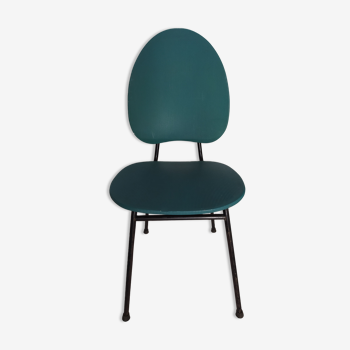 Chaise vintage en vinyl vert turquoise pied metal noir