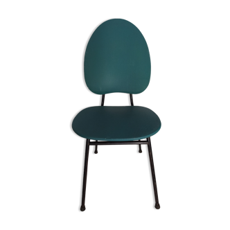 Chaise vintage en vinyl vert turquoise pied metal noir