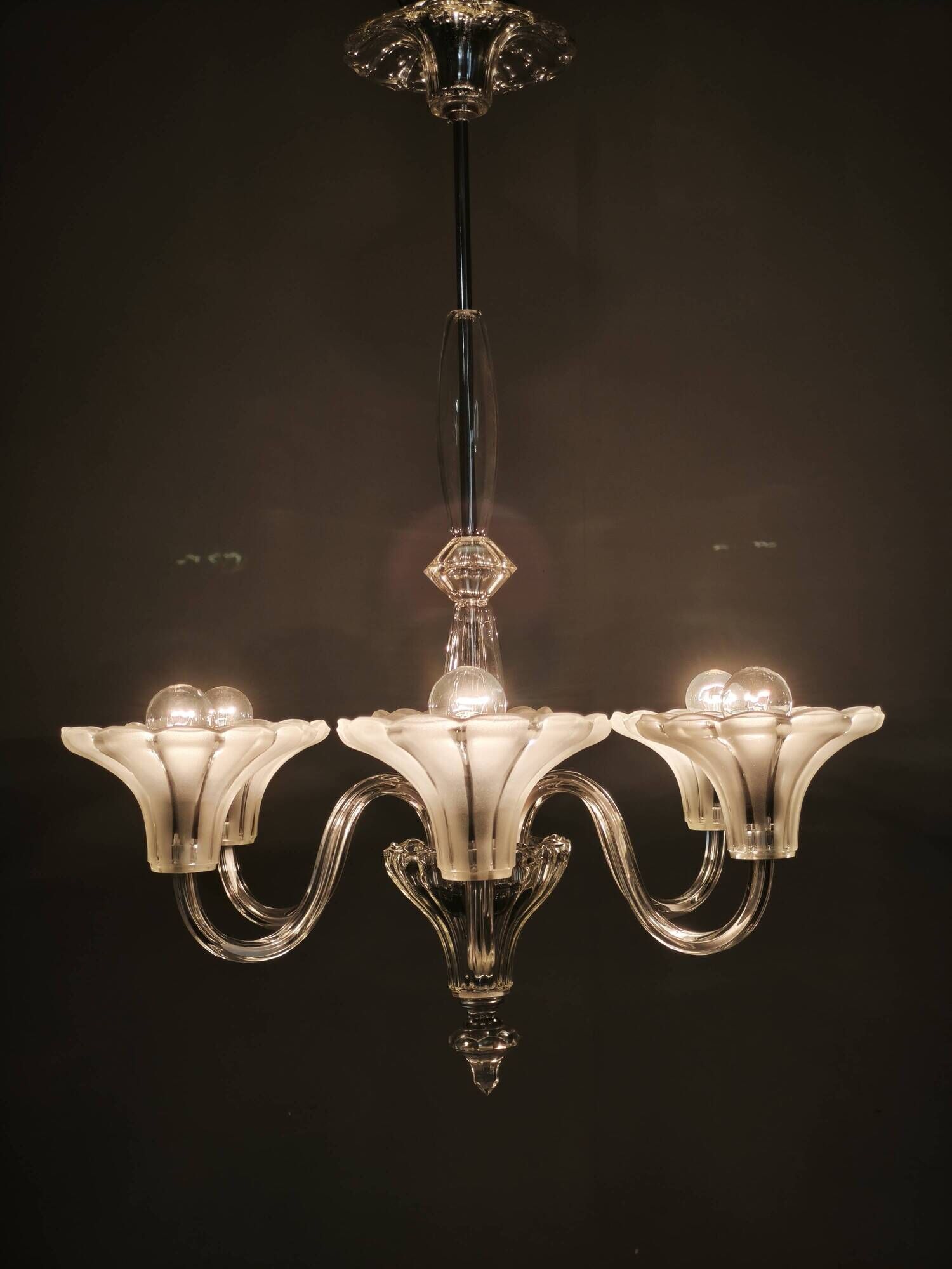 Art Deco Six-Arm Glass Chandelier, Czechoslovakia, 1930s