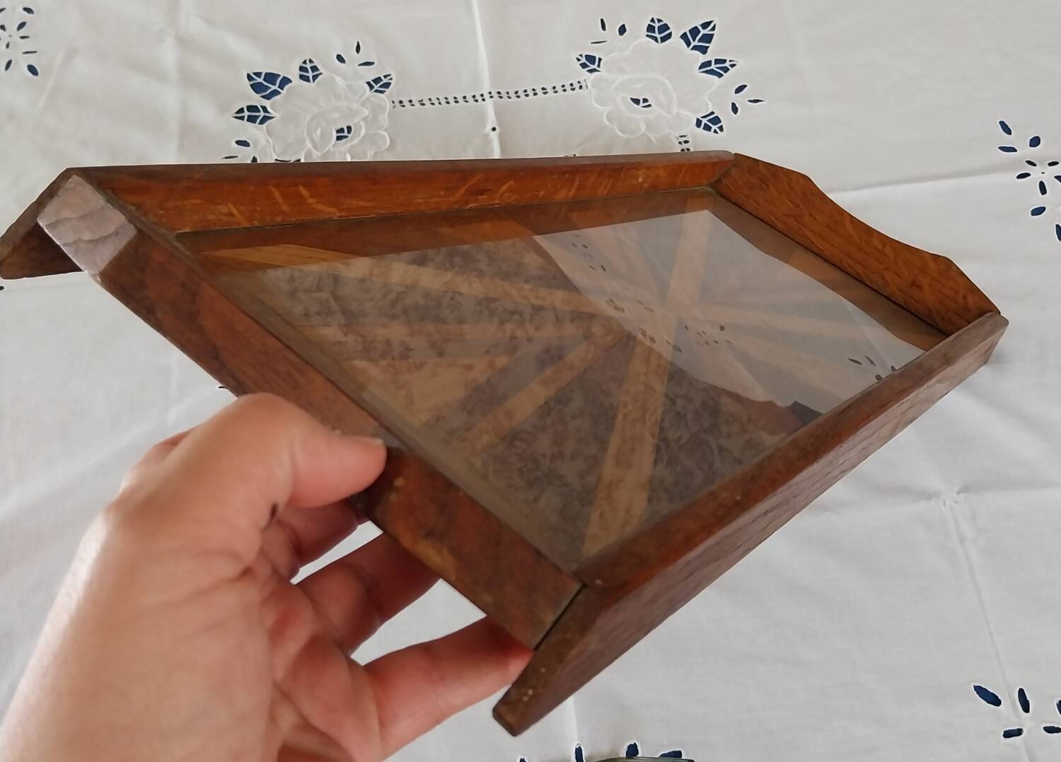 Antique rectangular tray in art deco marquetry wood