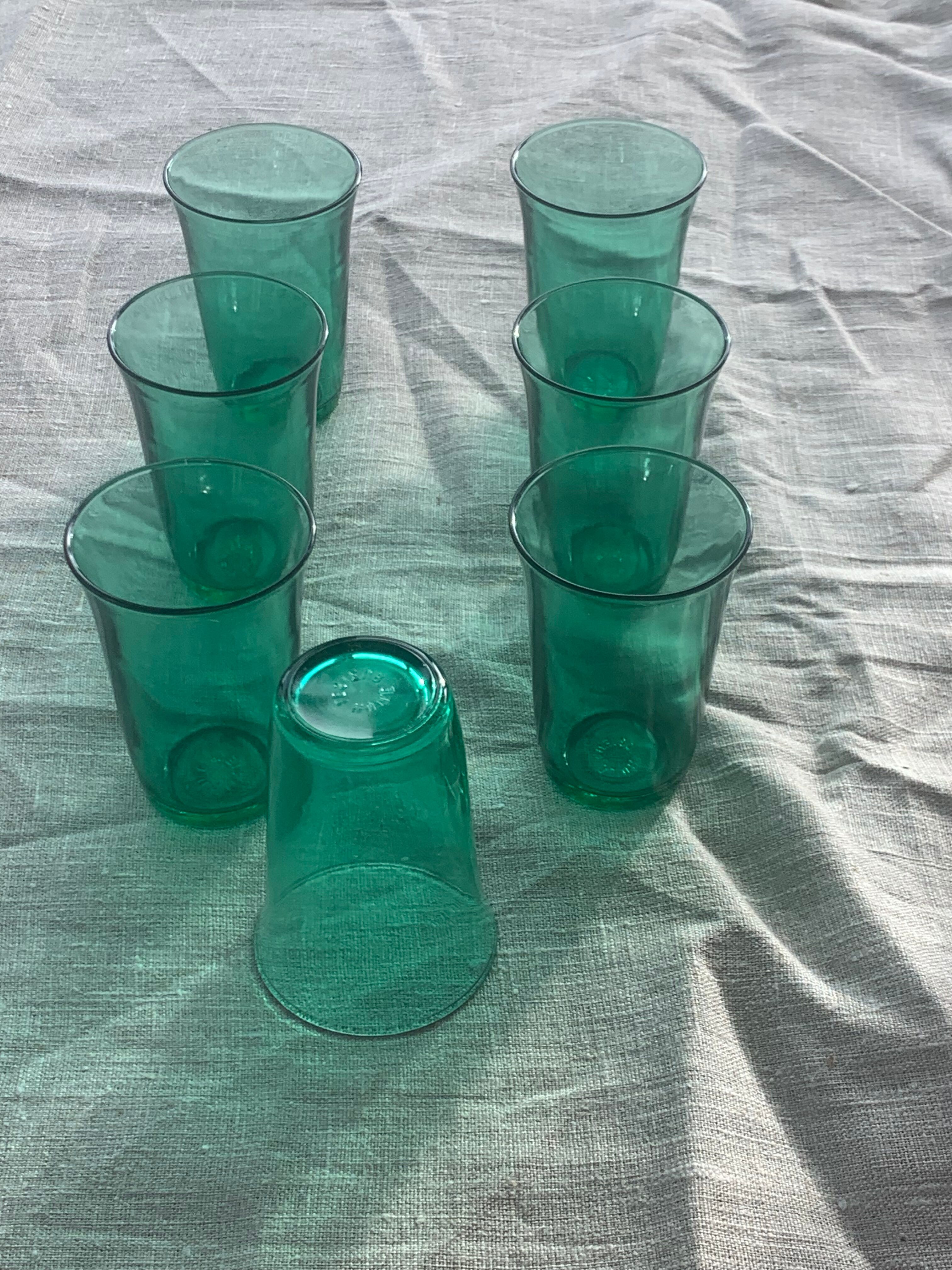 7 water glasses in green glass advertising vintage Lesieur oil