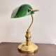 Ancien Lampe Notaire Banquier Bureau Opaline Vert Laiton Doré