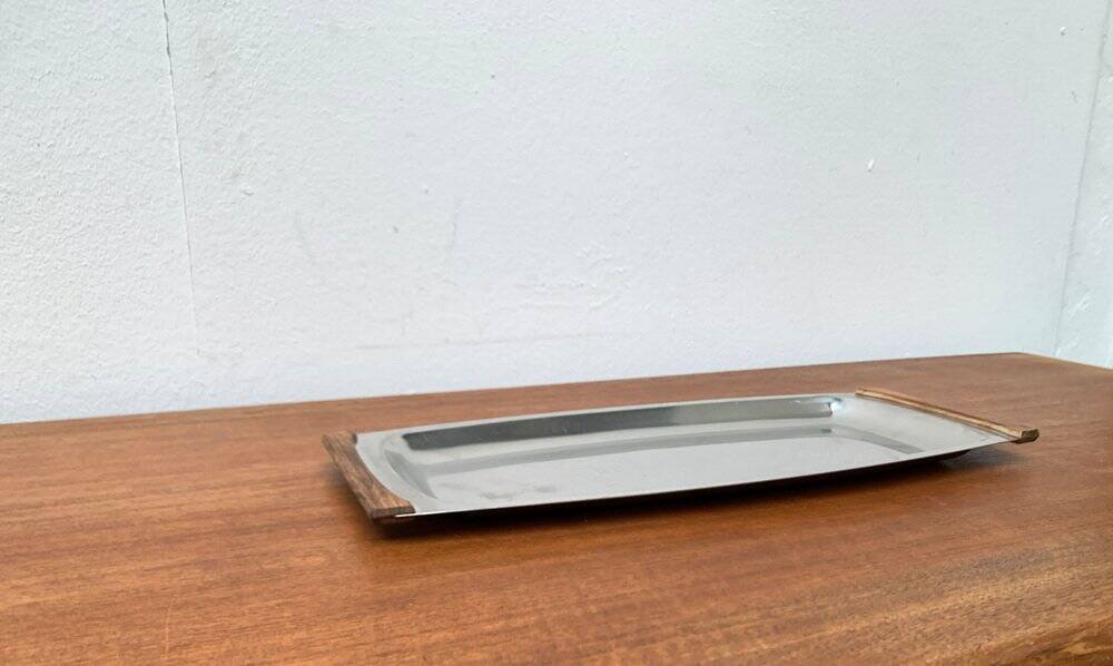 Danish stainless steel and teak plateau from the mid-century of Lundtofte, Denmark, 1960s.