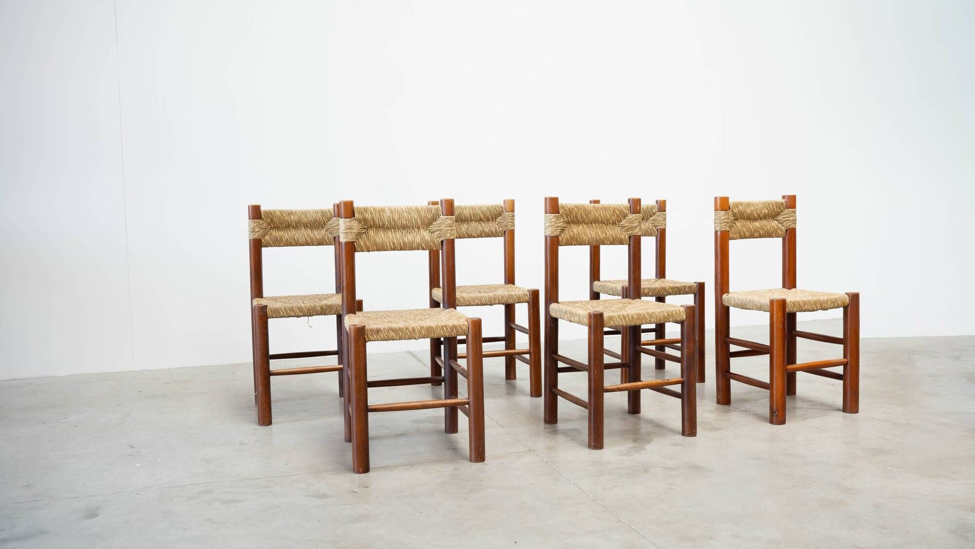 Set of six rattan and oak French dining chairs